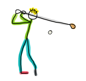 Golf Stickman design shows a golfer teeing off and driving the ball. Image shows golfer at end of shot with club high behind him, held with hands and body in the final driving position. Maybe this ball is on its way to a hole in one! A fun hand drawn image for golf fans and players.