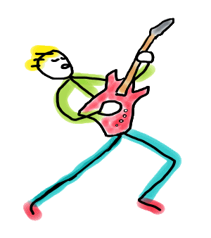Hand-drawn Guitar Stickman mid-performance, leaning back with flair and a red electric guitar in hand. With bold colors, exaggerated posture, and expressive motion, this design channels the spirit of live music in minimalist style. Perfect for guitarists, rock fans, music teachers, and anyone who loves art that plays loud.
