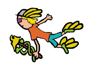 Hermes - the flying God from Greek mythology. Fun image shows him flying with snake staff and feathers in hat and boots. Hermes was the son of Zeus and his Roman equivalent is Mercury.