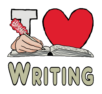 I Love Writing shows a writer's hand with a quill pen writing in a notebook, with an I Love symbol behind. Share your love of writing!