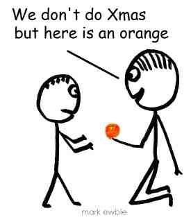 Parent giving child an orange for Xmas