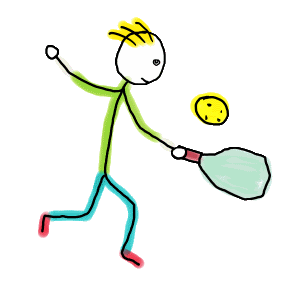 Hand drawn Pickleball Stickman design features expert player at full stretch with pickle ball and bat.