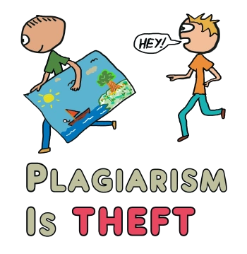 Plagiarism is Theft design shows artwork being stolen by a thief, while the copyright owner and creator runs behind shouting 