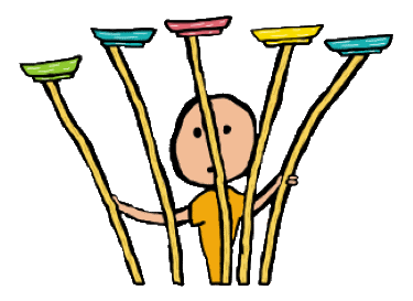 Circus plate spinning performer spins different color plates balanced on bamboo canes.  For busy people who spend their time multitasking and endlessly spinning plates.
