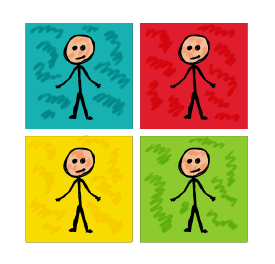 Pop Art Stickmen features stick figures on different colour backgrounds in a graphic tribute to the sixties pop art style.