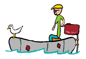 An inflatable boat or rubber dinghy powered by a small outboard motor and piloted by some guy messing about on the water.  Plus a bird for company.