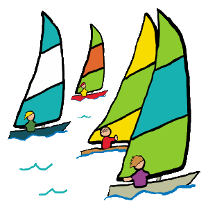Sailing Dinghy design shows sailors piloting small sailing yachts in race across the water. 