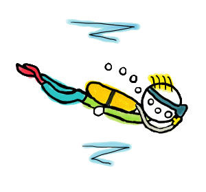 A fun hand drawn Scuba Diving Stickman design features a scuba diver in mid-water.