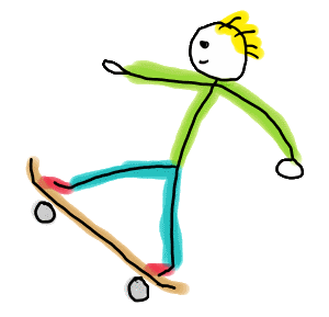 Skateboarding Stickman design is a fun hand drawn stick figure doing a wheelie on a skateboard. Cool and silly stickman style.