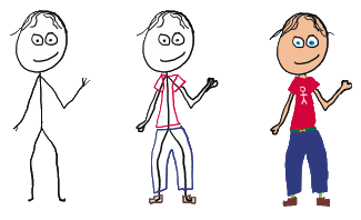 Drawing a stickman from basic design to coloured in version.