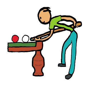 A snooker player leans over the table and lines up his shot. This could be the start of a 147 maximum or maybe he is playing the shot to safety. Hand drawn fun illustration for snooker players and fans.