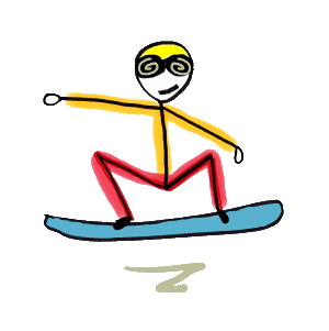 Snowboard design shows a snowboarder riding board with arms out for balance.  Cool bold snowboarding graphic.