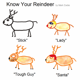 Santa pulling Rudolph to get him hitched to the sleigh