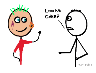 Stick man drawn in color next to traditional black and white design