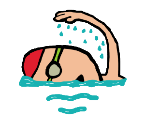 Swimming design features swimmer taking a breath of air as they front crawl through the blue water in front of a large 