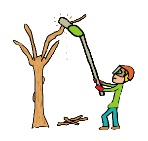Tree Pruning design shows a long reach chainsaw pruner being used to lop off a high branch from a tree. The hand drawn tree surgeon wears all the usual safety gear, plus a look of concentration.