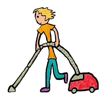 Household vacuuming - pulling traditional red suction vacuum cleaner