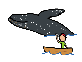 Whale watcher looks out over the sea - underneath him is a whale looking up