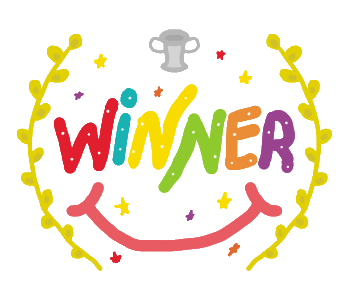 A fun Winner design features the word in colorful lettering with a trophy above, laurel leaves to either side, a big smile and stars.  For Winners who win big!