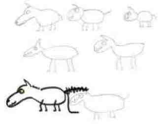 Practice drawings of a cartoon wolf