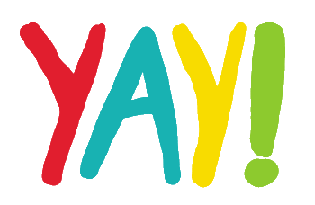 Yay! design is simply the word in large hand drawn lettering and multiple colors,  Express your feelings of yay!