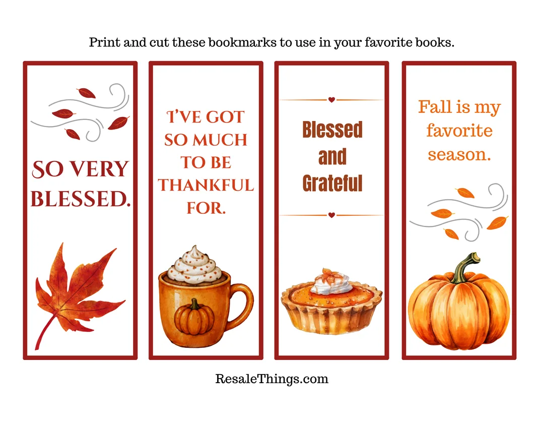 A page of four free printable autumn themed bookmarks.