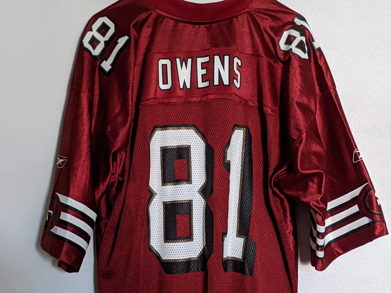 A red San Francisco 49ers Terrell Owens #81 NFL jersey replica.