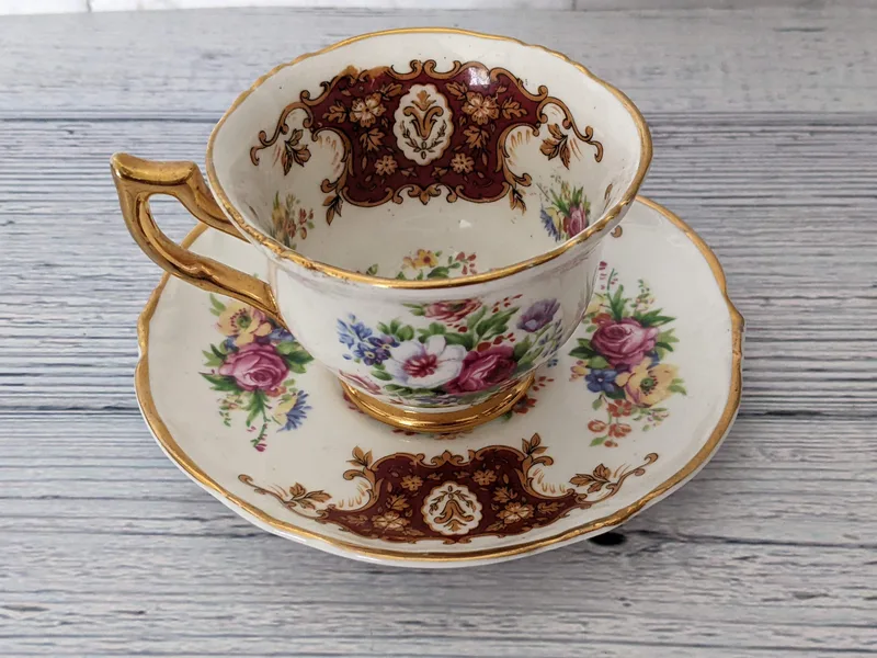 Regency Bone China cup and saucer with a Canterbury style design.