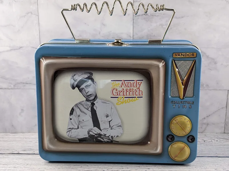 The Andy Griffith Show metal lunchbox shaped like a retro TV with an image of Barney Fife.