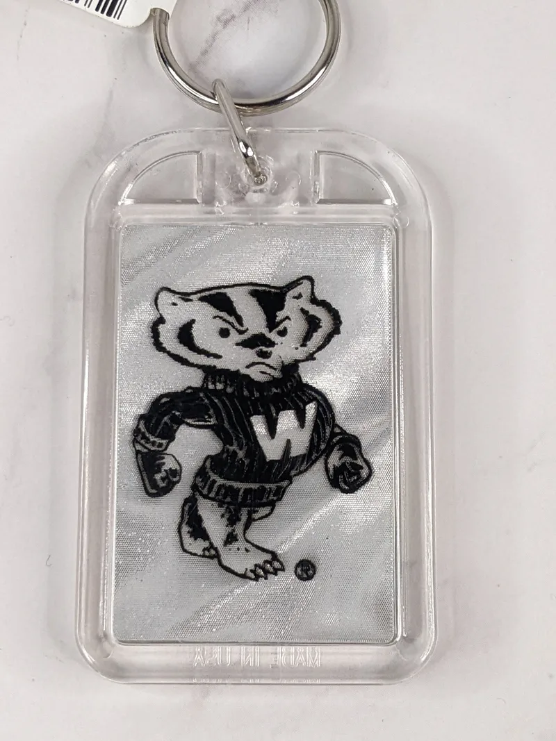 A clear acrylic keychain with an image of a Badger with the UW-Madison logo.