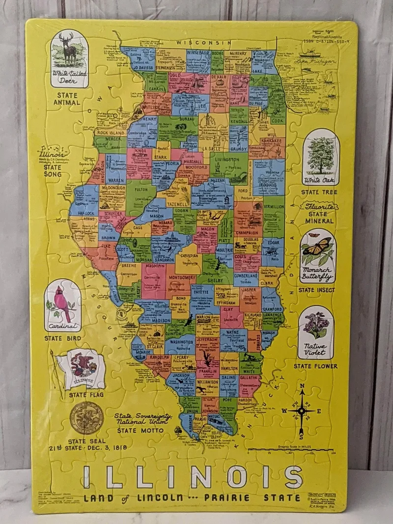 Illinois Map Jigsaw Puzzle 1986 Vintage Puzzlin' State by Austin-Peirce Unopened