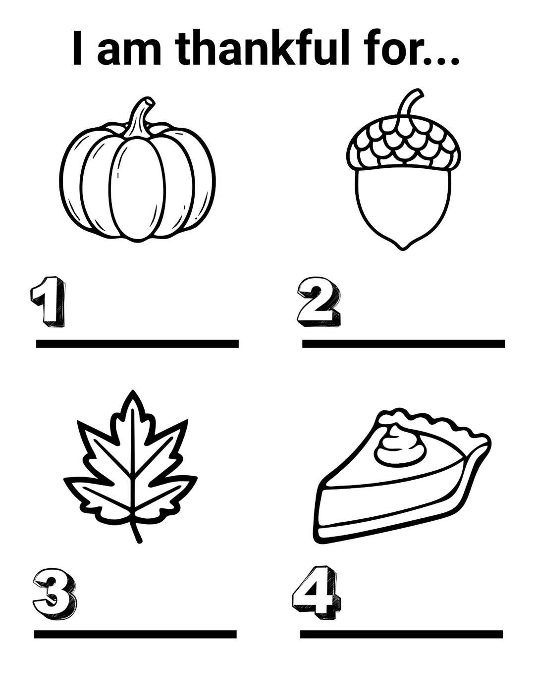 A thankfulness coloring page with autumn shapes and lines to write things you are thankful for.