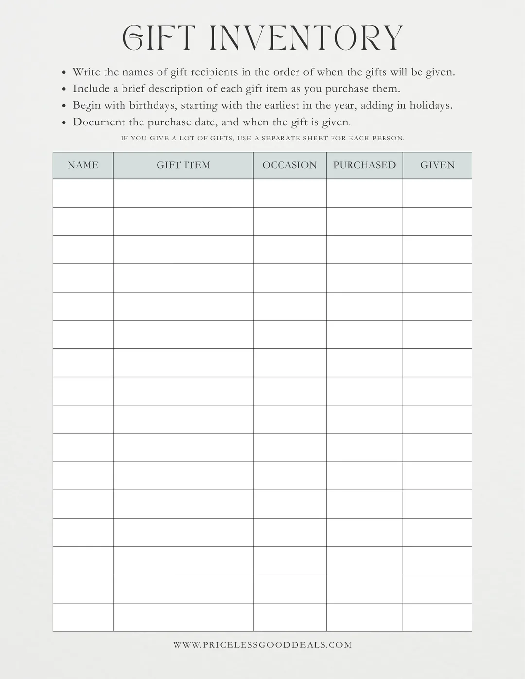 Free Printable Gift Inventory Worksheet Chart