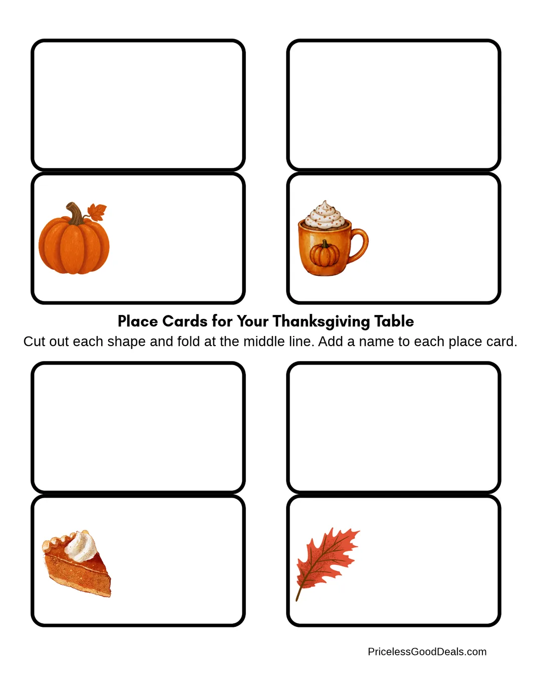 A printable page of Thanksgiving place cards for your table.