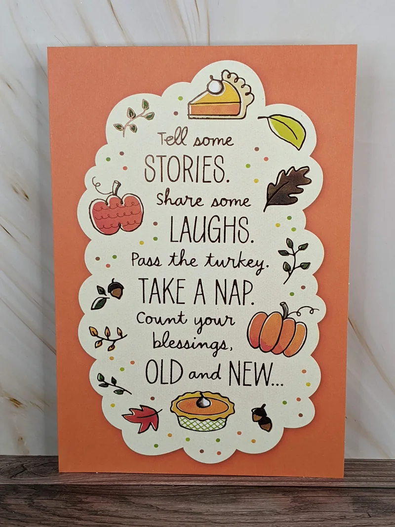 A Thanksgiving card with images of pumpkins, leaves, and pie.
