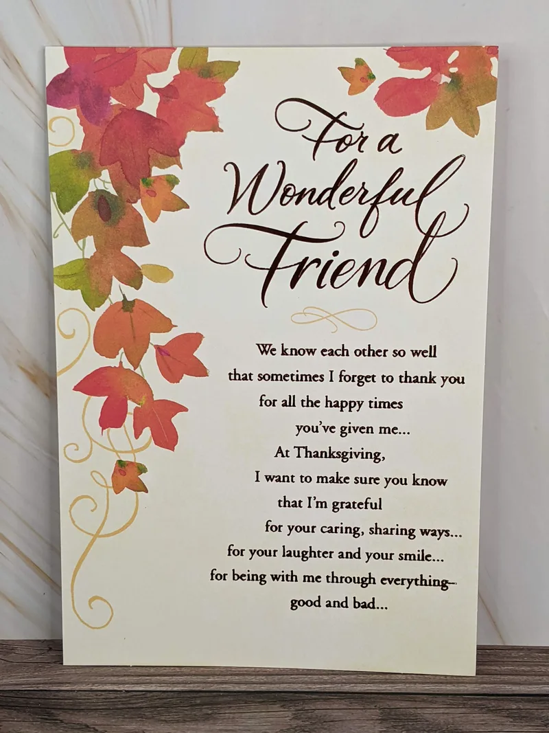 A thanksgiving card for a friend with a colorful leaf design.