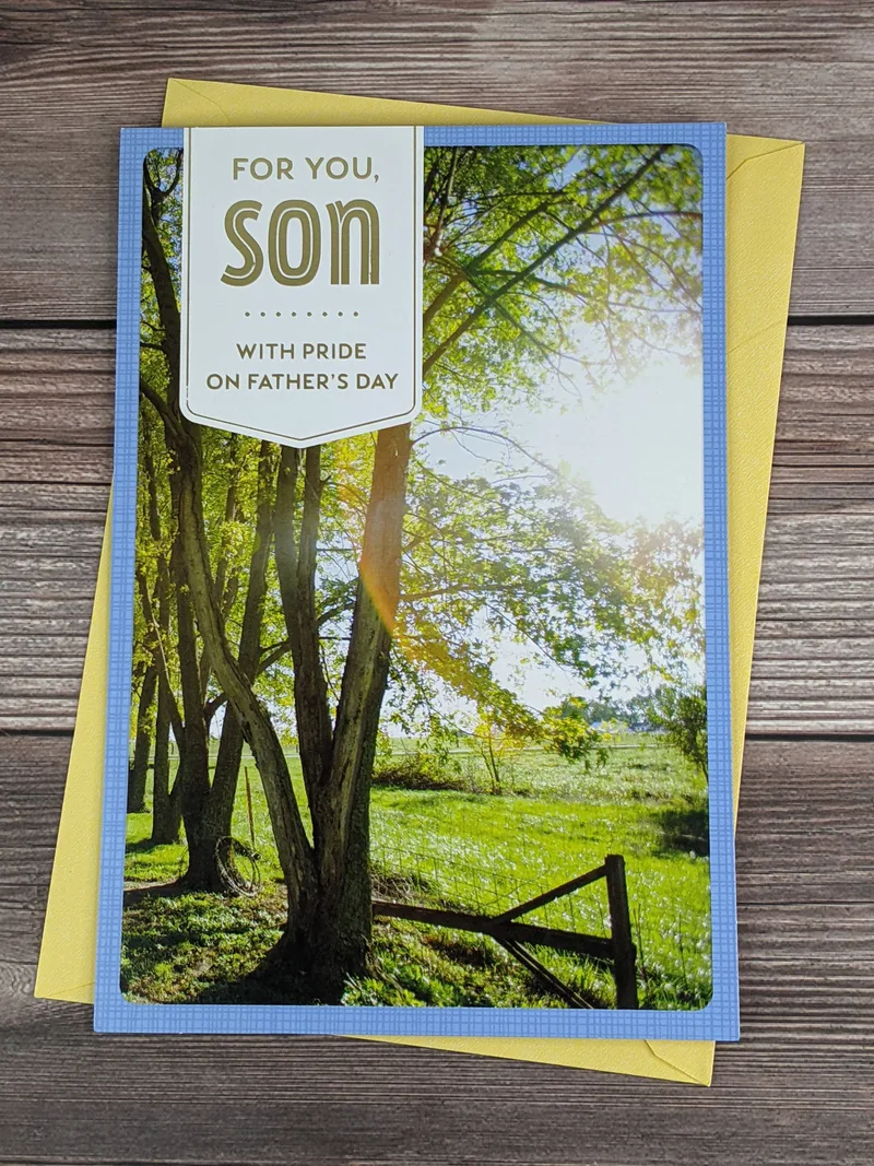 A Father's Day greeting card for a son that has an image of trees with the sun glowing on them.