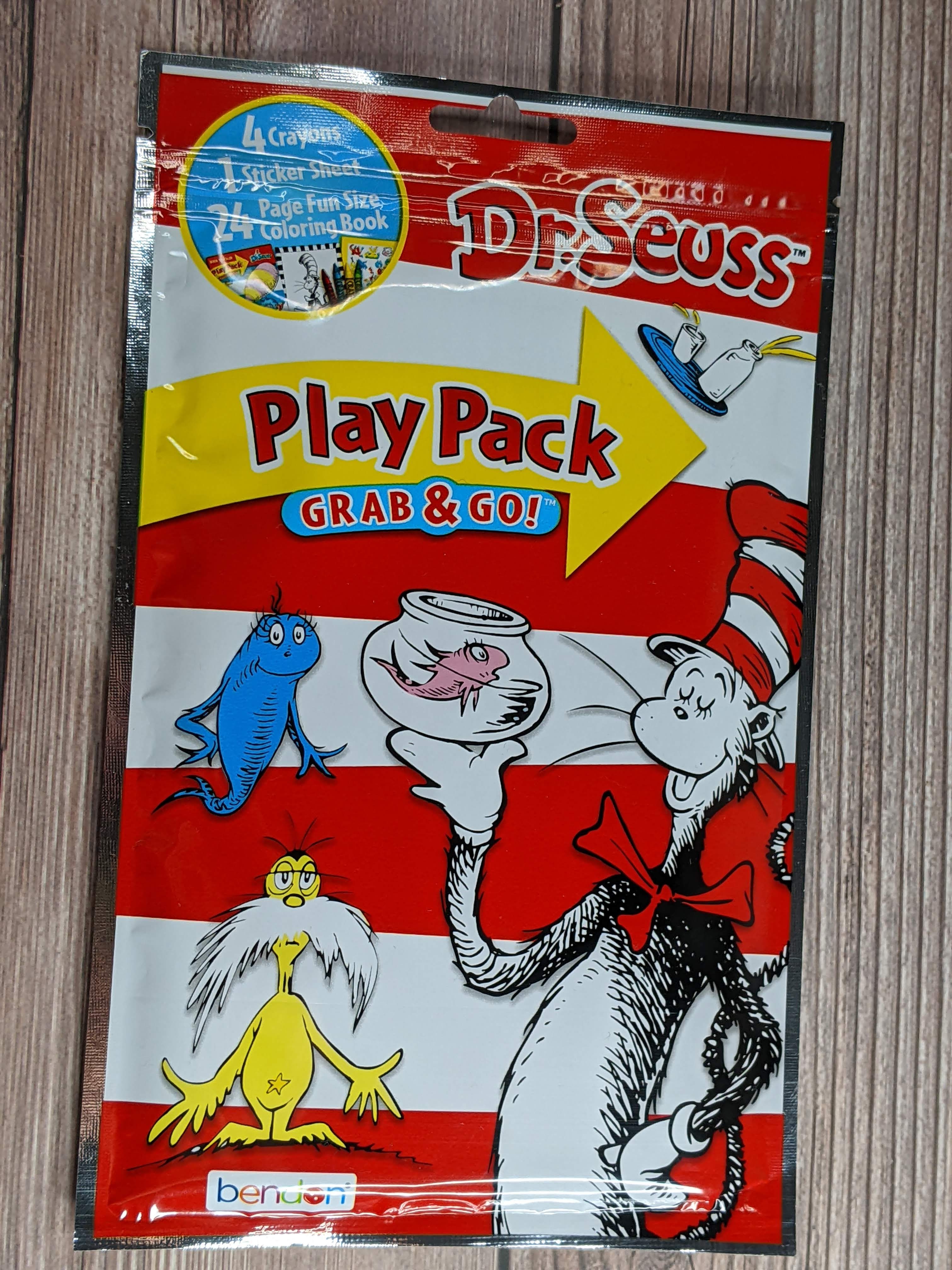 A pack of Dr. Seuss themed activities with a 24-page small coloring book, 4 crayons, and a sheet of stickers.
