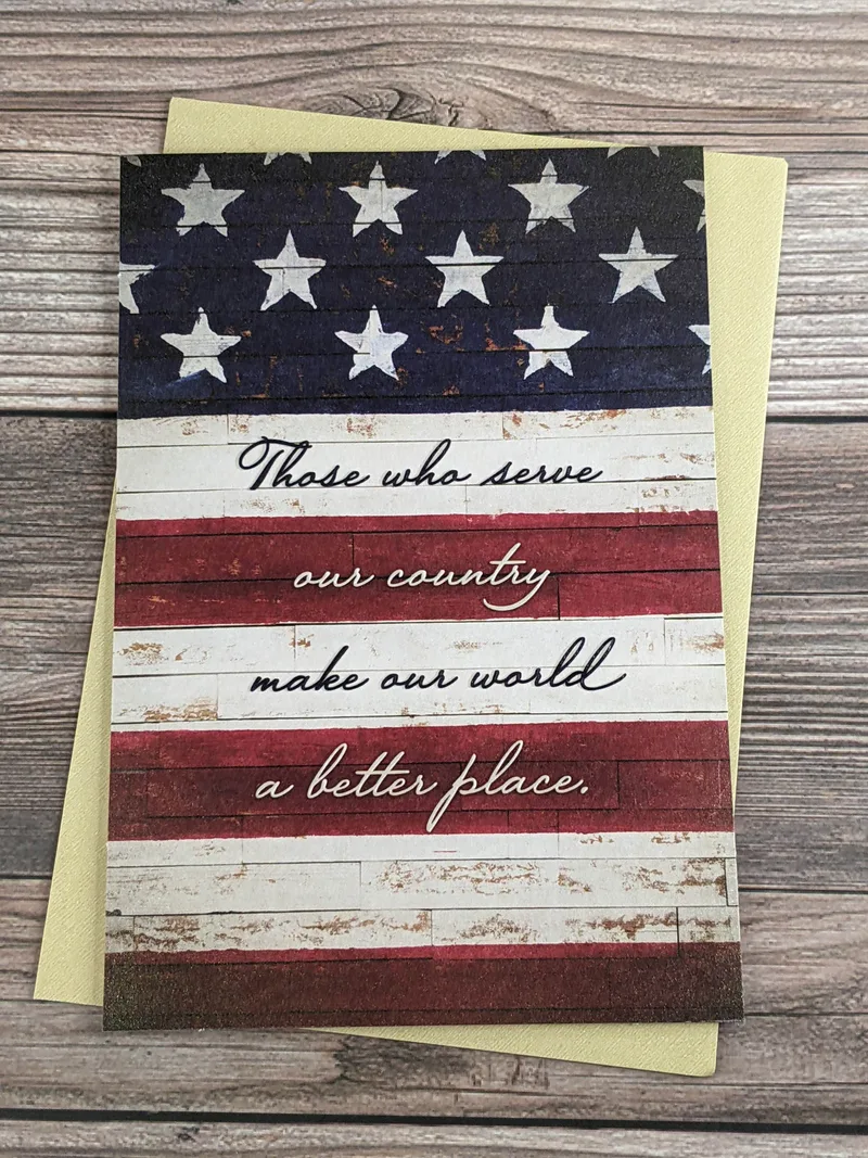 A sympathy greeting card of military support with an image of an American flag.
