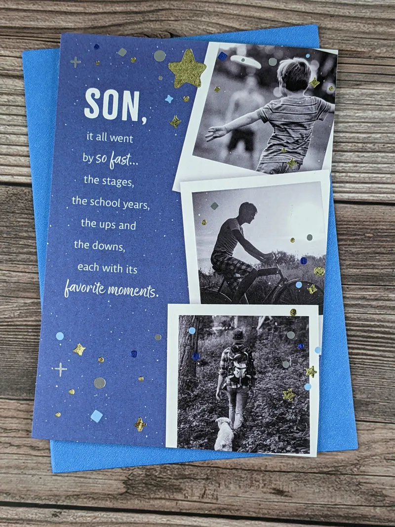 A blue Hallmark birthday card for a son with images of a boy growing up.