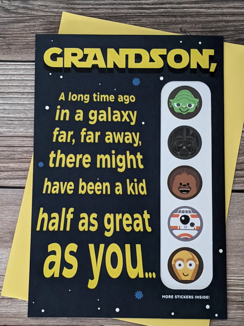 A greeting card for a grandson with Start Wars stickers.