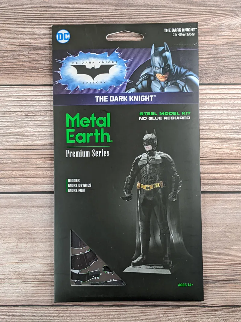 A metal earth steel model kit titled "The Dark Knight" with an image of batman on the package.