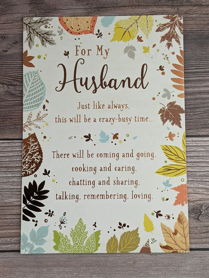 A thanksgiving card for a husband with images of colorful leaves.