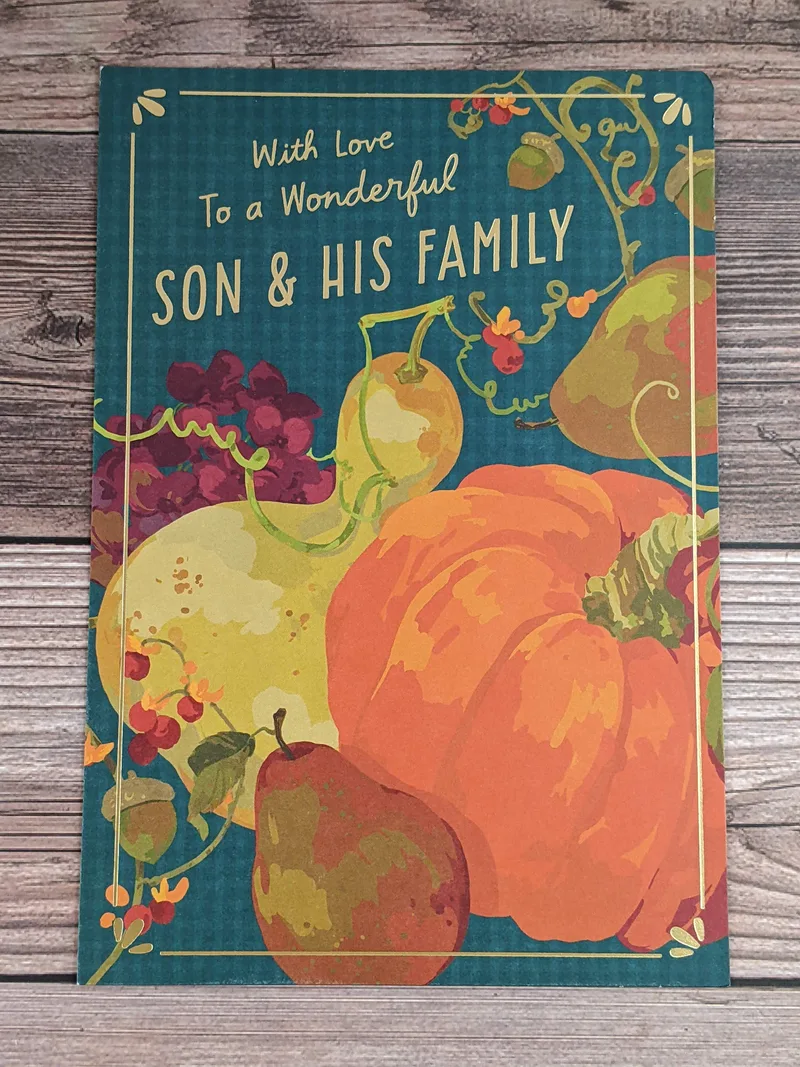 A Thanksgiving card for a son and his family with images of pumpkins and fruit.