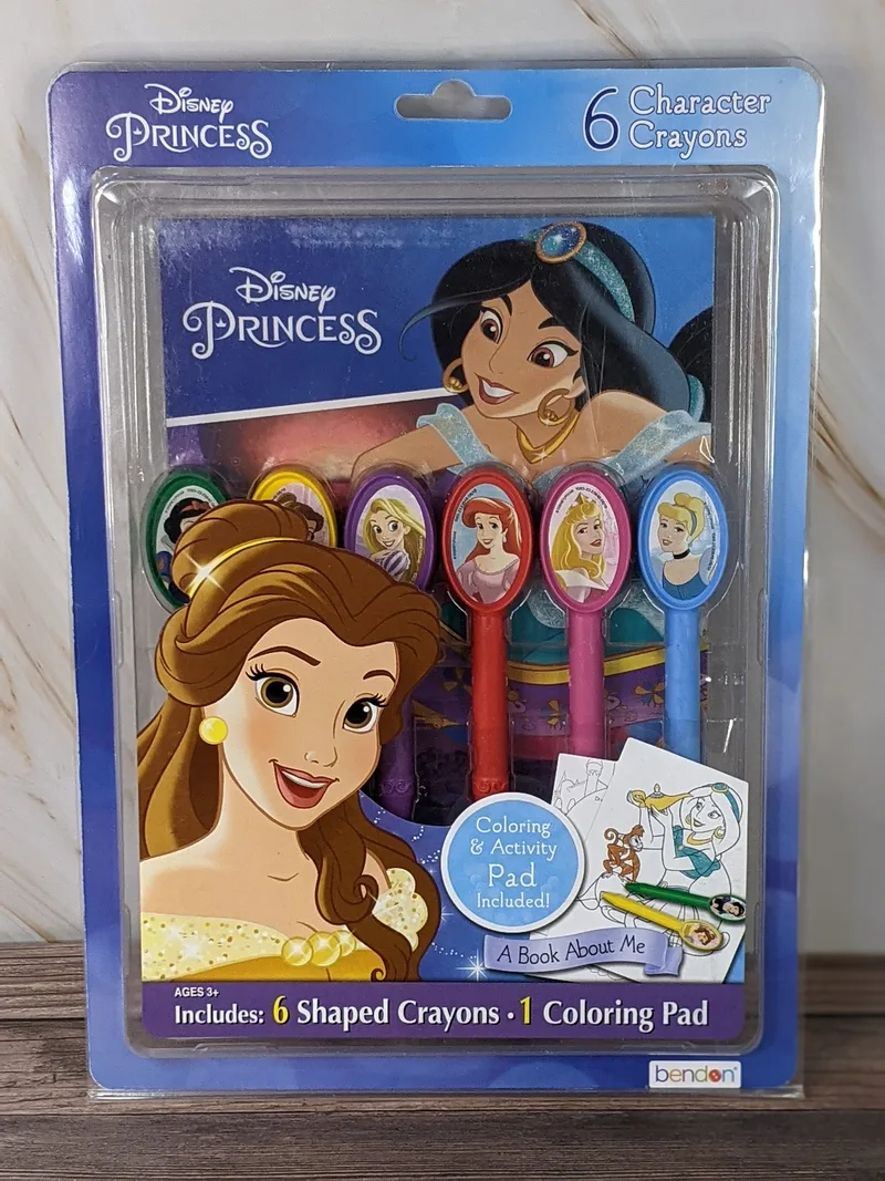 A Disney Princess coloring kit that includes 6 character crayons, and an activity pad of coloring pages.