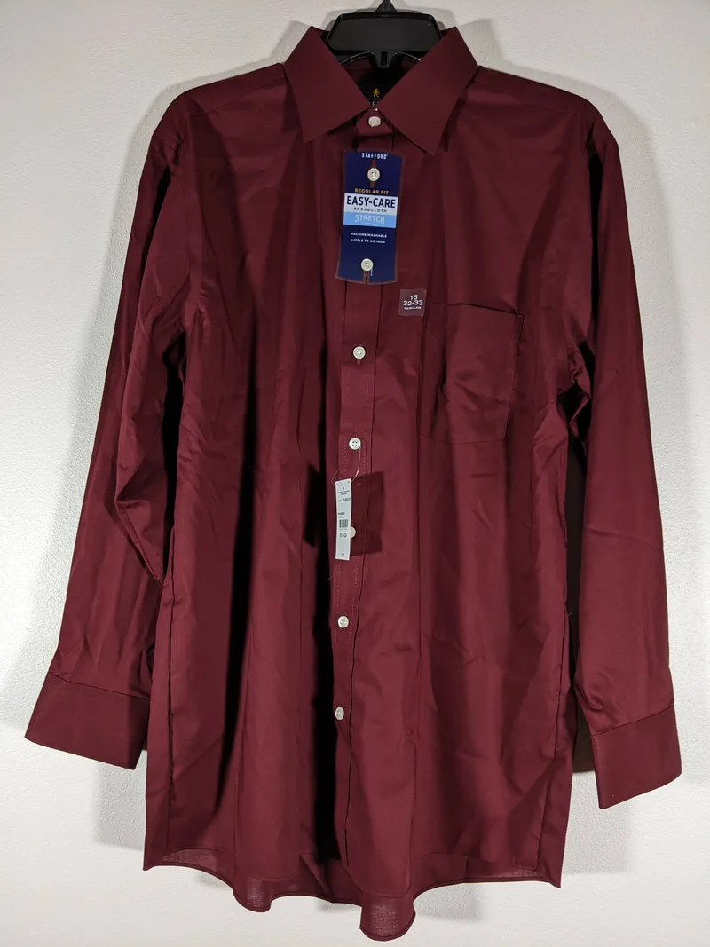 A burgundy long sleeve men's button-down shirt by Stafford.