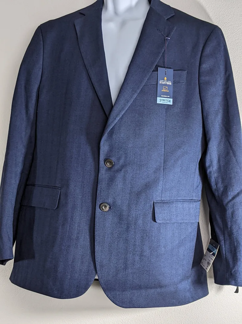 Blue Herringbone Patterned Classic Fit Men's Suit Coat/Sport Coat/Blazer Jacket with Stretch by Stafford