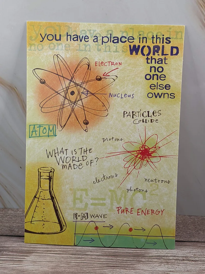 A yellow and orange cover on a birthday greeting card with images of science lab things.