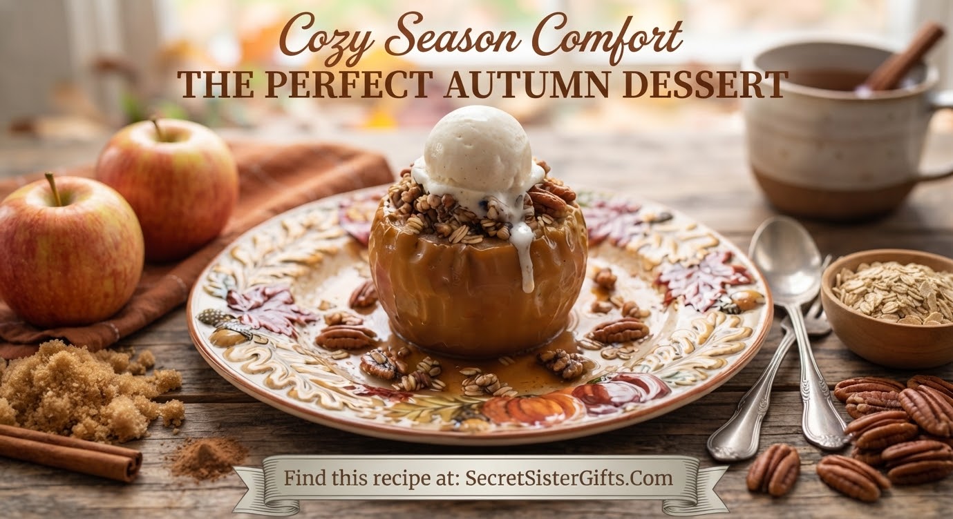 A blog ad for an apple dessert recipe with an image of ice cream on an apple treat.