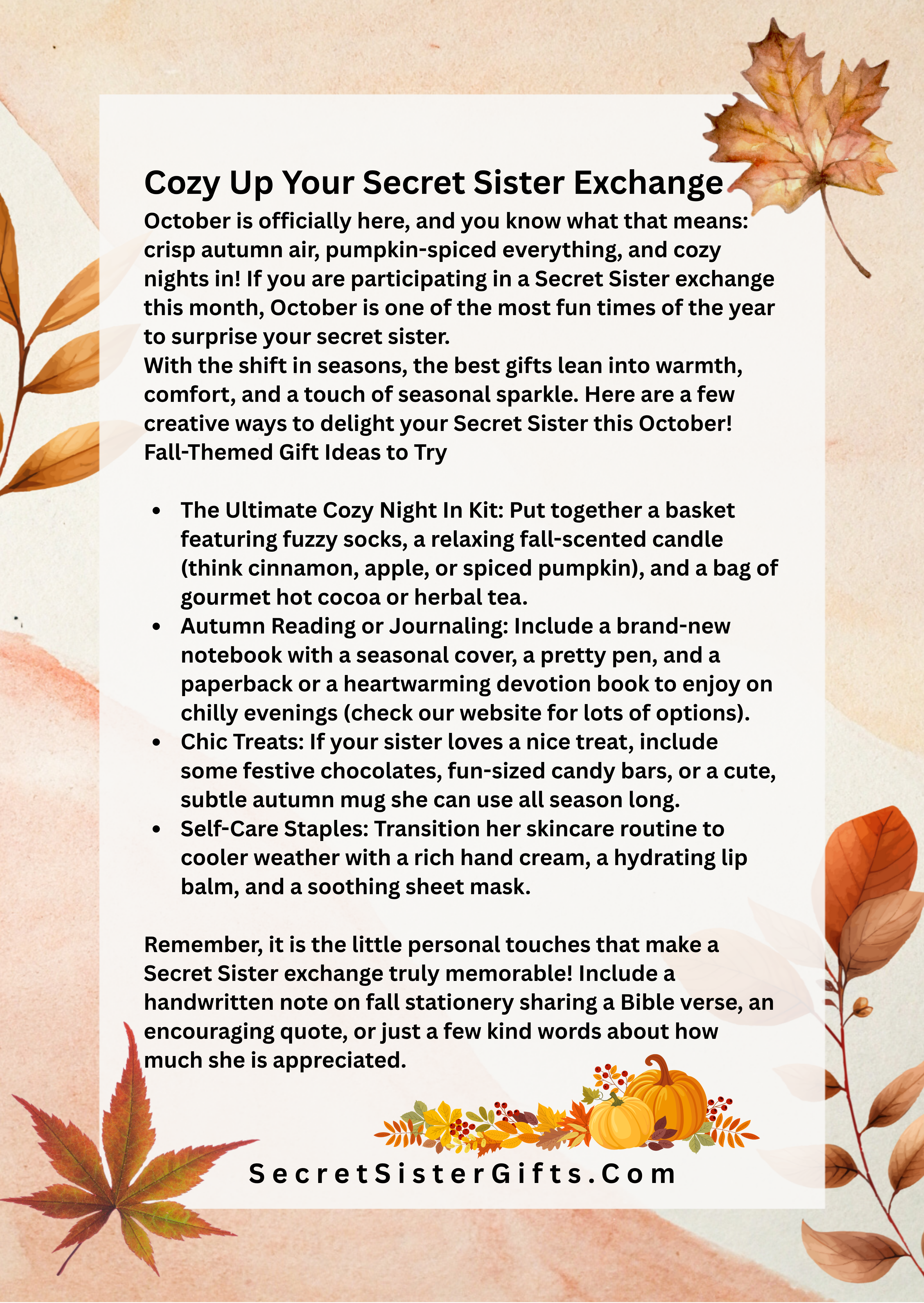 An image of autumn leaves with autumn tips for a Secret Sister gift exchange.
